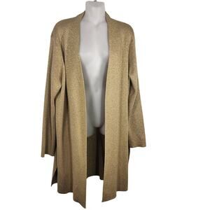 Susan Graver Womens Metallic Long Duster Cardigan Large Open Front Gold A107336